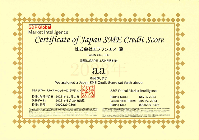 Certificate of Japan SME Credit Score 2023年
